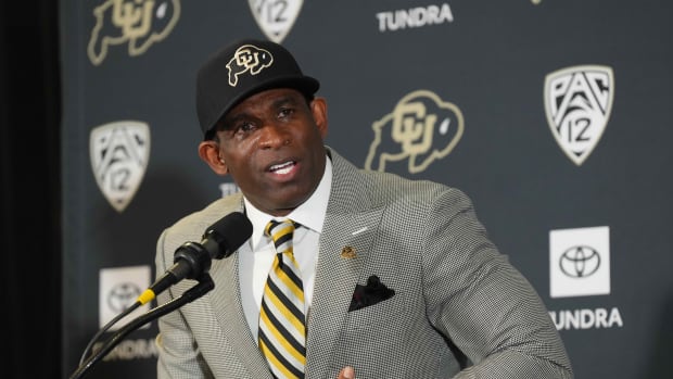 Colorado Buffaloes head coach Deion Sanders speaks during a press conference at the Arrow Touchdown Club